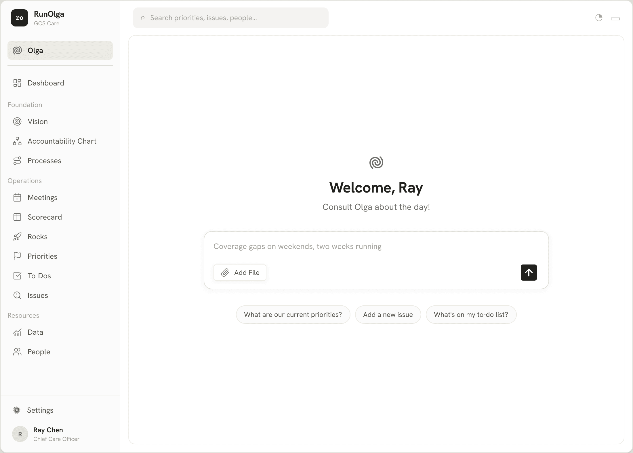RunOlga home screen — the early Olga assistant welcome view, with the left navigation, global search, chat input, and suggested prompts